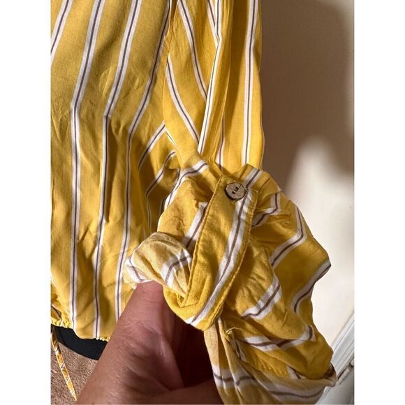 Passport Yellow, Tan & White Striped Button Down Crop Top with Front Tie at Wais - Picture 6 of 9